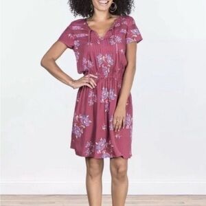 MATILDA JANE Women's Peplum Dress Fuchsia Pink Floral Tie Neck Elastic Waist Med